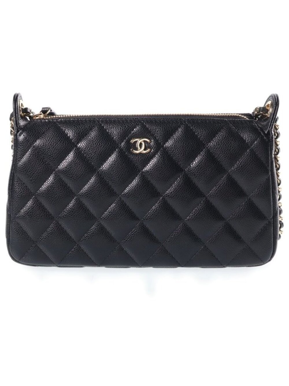 Chanel Quilted Caviar Leather Chain Clutch Shoulder Bag Black Gold Seal
